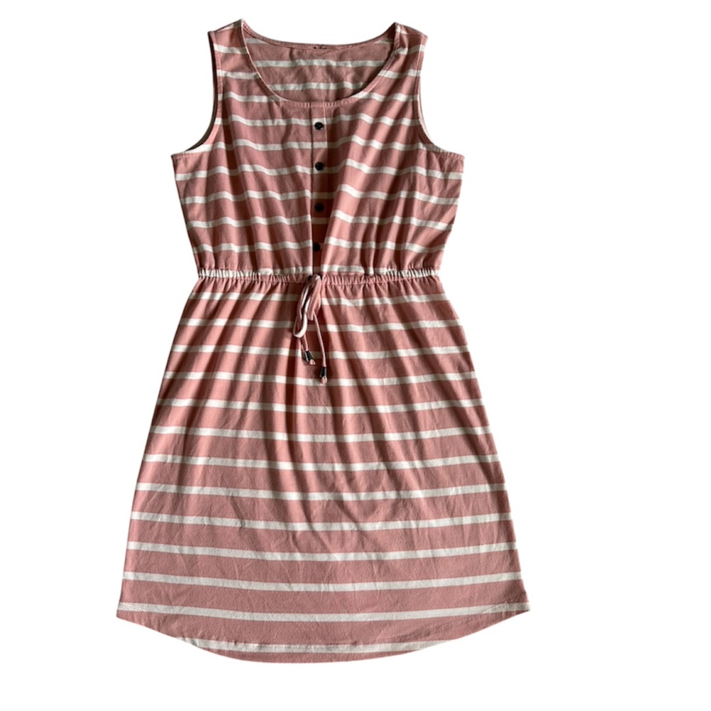 Striped Sleeveless Drawstring Dress - Pink and White